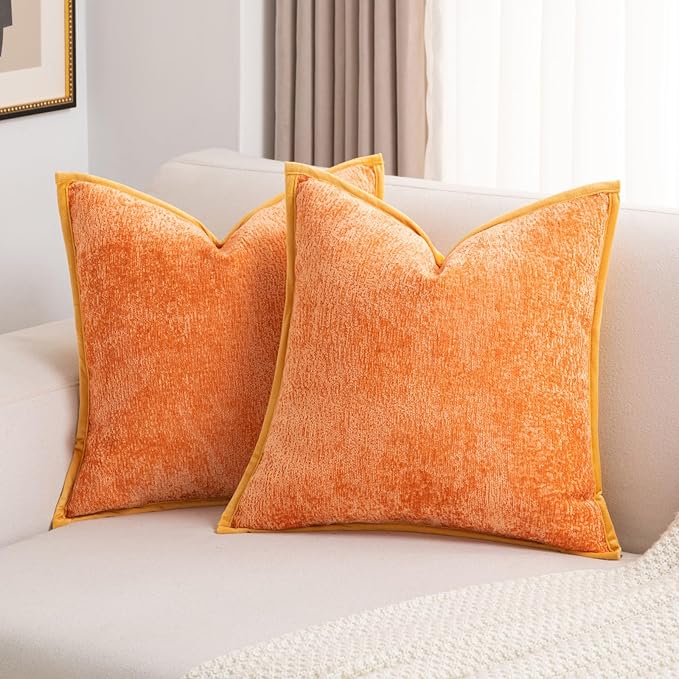 FUTEI Orange Chenille Throw Pillow Covers 16x16 Inch Set of 2,Soft Cozy Bound Edge Design Cushion Case,Home Decor for Couch Bed Living Room