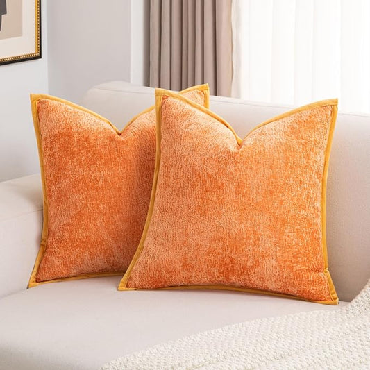 FUTEI Orange Chenille Throw Pillow Covers 22x22 Inch Set of 2,Soft Cozy Bound Edge Design Cushion Case,Home Decor for Couch Bed Living Room