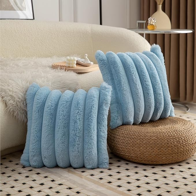 Neelvin Blue Faux Fur Cozy Soft Striped Decorative Throw Pillow Covers 18x18 inch Set of 2,Velvet Pillowcase Cushion Case for Sofa Couch