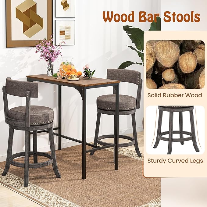COSTWAY Bar Stools Set of 4, Upholstered Farmhouse Bar stools with Cushioned Seat & Backrest, Solid Wood Legs, Footrest, 26” Counter Height Swivel Stools for Kitchen Island, Pub (4, 26'' Seat Height)