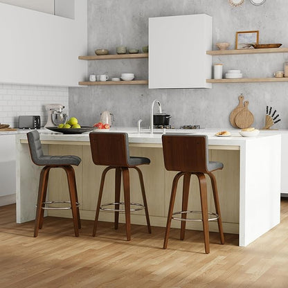 SIMPLIHOME Roland Swivel Bar Stool - 28 inch Seat Height Upholstered Wood Chair in Grey Linen Look Fabric, Mid Century Modern Seating for Kitchen or Bar with Curved Bentwood Back and Footrest