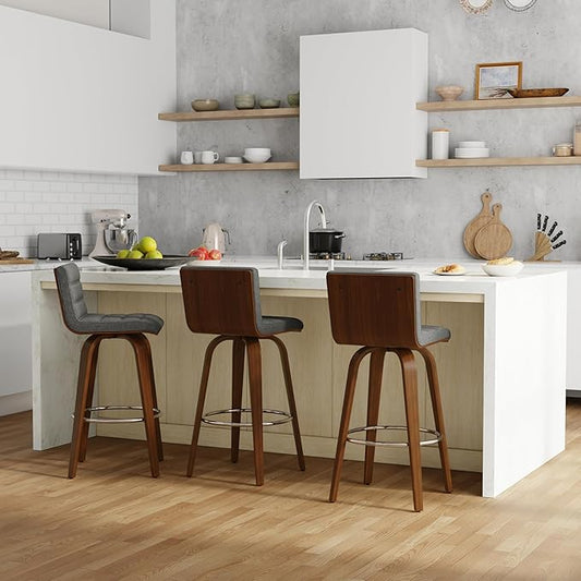 SIMPLIHOME Roland Swivel Bar Stool - 28 inch Seat Height Upholstered Wood Chair in Grey Linen Look Fabric, Mid Century Modern Seating for Kitchen or Bar with Curved Bentwood Back and Footrest