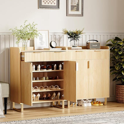 VINGLI Fluted Shoe Cabinet with Drawer and Doors, Wooden Entryway Shoe Storage Cabinet with Adjustable Shelves, Modern Tall Shoe Organizer with Gold Metal Legs for Hallway, Living Room, Bedroom, (Oak)