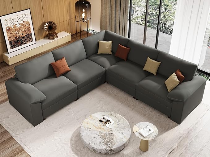 EASE MOOSE Oversized Corner Modular Sectional Sofa, Faux Leather Sectional Sofa with Deep Seat, Scratch Resistant Faux Leather Material, Extra Large L Shaped Couch for Living Room, Grey