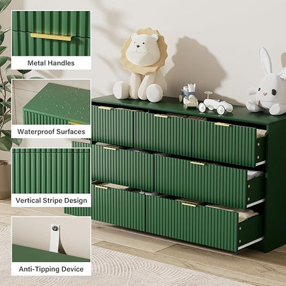 Green Dresser for Bedroom, Modern Dresser with 7 Drawers and Smooth Slides, Wide Chest of Drawers with Golden Handles for Bedroom, Living Room, Closet, 15.7" D x 55.1" W x 31.4" H