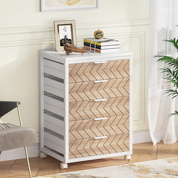 Tribesigns 5 Drawer Chest, Wood Storage Dresser Cabinet with Wheels, Industrial Storage Drawer Organizer Cart for Office Bedroom Entryway (Beige & White, 1 PC)