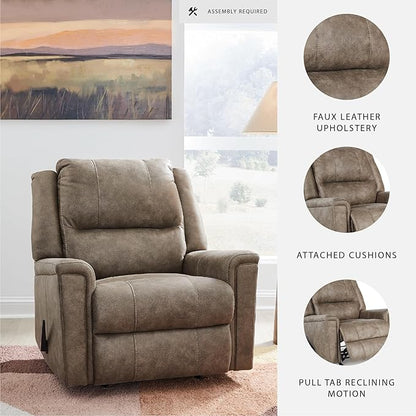 Signature Design by Ashley Skymaker Modern Faux Leather Manual Rocker Recliner with Track Arms, Light Brown