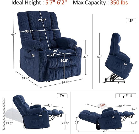 MCombo Dual Motor Large Power Lift Recliner Chair for Elderly, Lay Flat Lift Chair with Heat and Massage, Big Lift Recliner for Tall People, Cup Holders, Fabric 7896 (Large, Navy Blue)