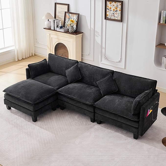 108" Modular Sectional Couches for Living Room with Ottoman, L Shaped Cloud Couch with Charger, USB & Type-c Port, Comfy Sofas with Deep Seat, Chenille Fabric, Black