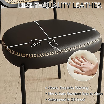 Rattan Dining Chairs Set of 4, Leather Upholstered Dining Chairs with Rattan Cane Back, Mid Century Modern Dining Room Chairs with Black Metal Legs & D-Shaped Thicken Cushion, Black