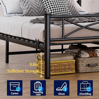 Metal Full Single Bed Frame with Storage Space, 74.8" in Steel Bed Frame with Protective Foot Pads, Strong Bearing Capacity Full Size Bed, Easy Assembly, Underbed Storage Space（35.4 inch）