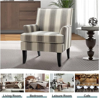 HULALA HOME Modern Accent Chairs Set of 2, Farmhouse High Back Striped Chairs with Wooden Legs & Nail Head Trim, Comfy Upholstered Armchairs for Living Room/Bedroom (Stripe Grey)