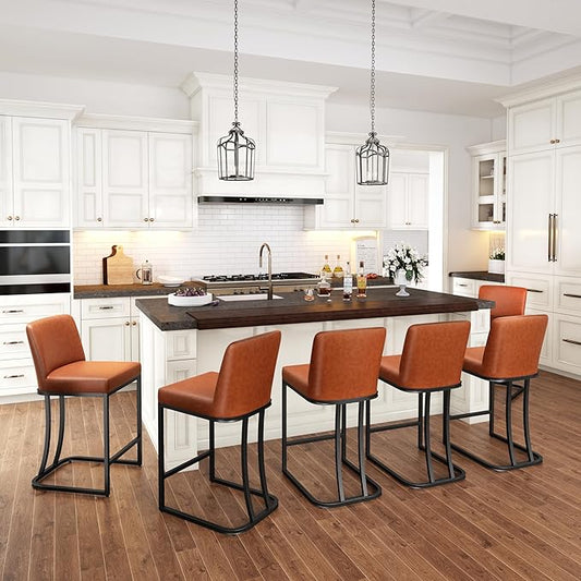 PHI VILLA Brown Bar Stools Set of 6, Faux Leather Counter Height Chairs, Kitchen Stools for Island, 24 Inch Barstools with Back