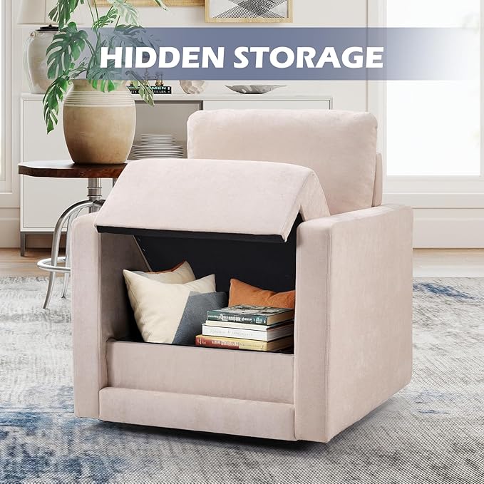 INZOY Swivel Accent Chair, Comfy 360° Swivel Chair with Hidden Storage, Upholstered Chenille Square Chair for Living Room Bedroom Small Spaces, Fully Assembled, Beige