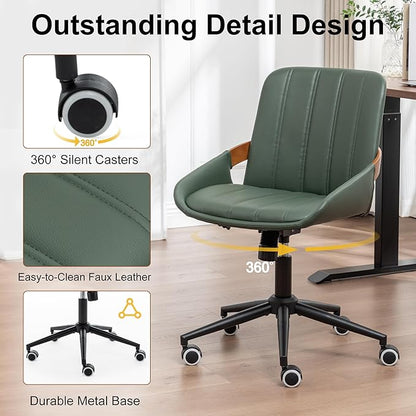 Small Home Office Chair No Arms,PU Leather Desk Chair with Wheels,Adjustable Height Work Chair,360° Swivel Computer Desk Chair for Office, Reading and Study (Green)