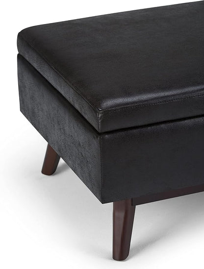 SIMPLIHOME Owen 34 inch Wide Mid Century Modern Rectangle Coffee Table Storage Ottoman in Distressed Black Vegan Faux Leather, Assembled, for the Living Room, Entryway and Family Room