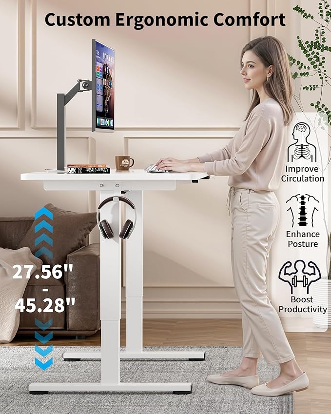 Okin Electric Standing Desk, 40 x 24 Inches Whole Piece Height Adjustable Desk, White Sit to Stand Desks Computer Workstation with Wheels for Home Office