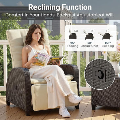Outdoor Patio Recliner with Independently Adjustable Backrest and Footrest, All-Weather Wicker Patio Chair with Side Table, 160° Lay Flat Patio Reclining Lounge Chair for Backyard Garden, Beige