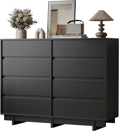 Black Dresser for Bedroom, 53.1" Wide 8 Drawer Dresser, Mid Century Modern Dressers Chest of Drawers, Wooden Large Dressers for Bedroom, Closet