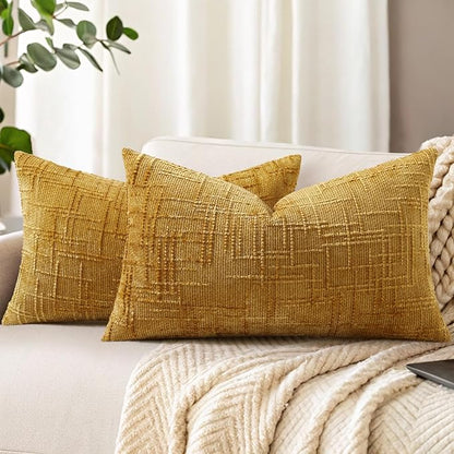 decorUhome Mustard Yellow Chenille Throw Pillow Covers 12x20 Set of 2 Thick Textured Slubby Couch Pillow Covers Farmhouse Accent Modern Neutral Decorative Pillow Cases for Bed Sofa Living Room