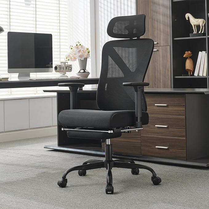 Okeysen High Back Ergonomic Mesh Office Chair, Reclining Computer Desk Chair with Footrest, 2D Adjustable Headrest & 3D Arms, Breathable Back and Lumbar Support for Home Office