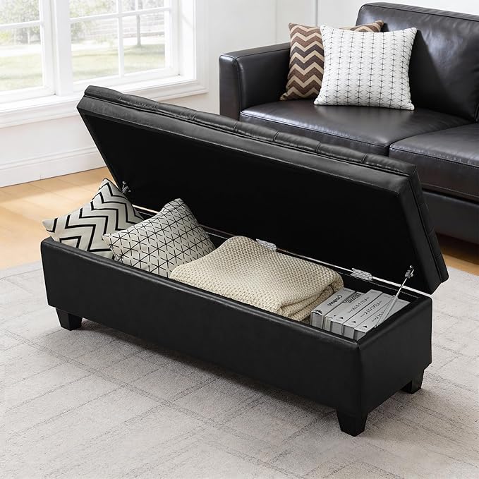 50" Faux Leather Storage Ottoman Bench, Rectangular End of Bed Storage Bench, Upholstered Large Tufted Ottoman with Storage for Living Room, Bedroom, Entryway,Black