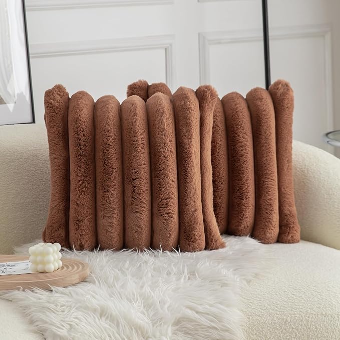 Neelvin Brown Faux Fur Cozy Soft Stripe Decorative Throw Pillow Covers 18x18 inch Set of 2,Velvet Pillowcase Cushion Case for Sofa Couch