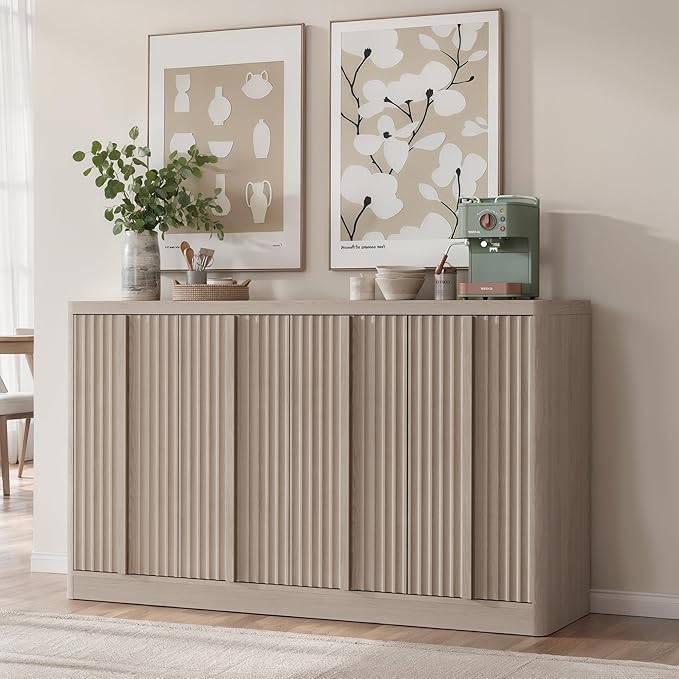 Fluted Buffet Cabinet with Storage, 60"Sideboard Buffet Cabinet with 4 Door-Modern Credenza Storage Cabinets with Adjustable Shelves, Solid Wood Handles for Kitchen Living Room, White Alder(1PC)