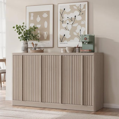 Fluted Buffet Cabinet with Storage, 60"Sideboard Buffet Cabinet with 4 Door-Modern Credenza Storage Cabinets with Adjustable Shelves, Solid Wood Handles for Kitchen Living Room, White Alder(1PC)