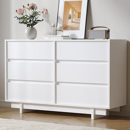 White Dresser for Bedroom, 47" Wide 6 Drawer Dresser, Mid Century Modern Dressers Chest of Drawers, Wooden Large Dressers for Bedroom, Closet