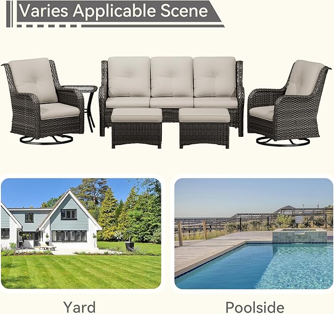 Wicker Patio Furniture Set 6 Piece, Outdoor Furniture Patio Conversation Set Includes 1 Three-Seat Sofa, 2 Swivel Rocker Chairs, 2 Ottomans and 1 Side Table,Beige