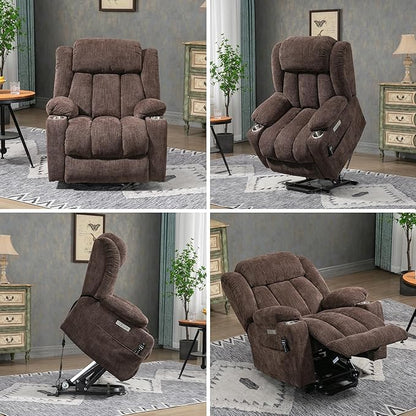 Power Lift Recliner Chair, 350lb Capacity with 8-Point Massage & Heating, USB/Type-C Ports & Cup Holders, Heavy Duty Chenille Recliner for Elderly, Brown