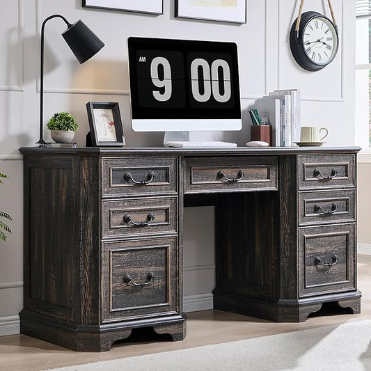 T4TREAM 59" Farmhouse Executive Desk with Drawers,Wood Home Office Computer Desk, Featuring Keyboard Tray,Charging Station,File Drawer, Storage Cabinet,for Work and Study (Dark Rustic Oak)