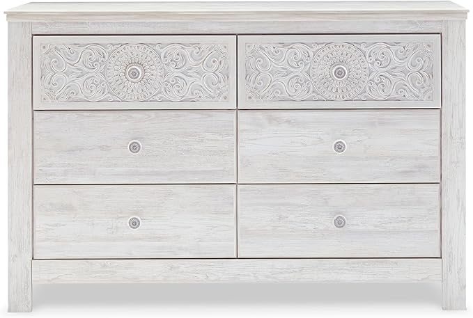 Signature Design by Ashley Paxberry Boho 6 Drawer Dresser, Smooth-gliding Faux Laminate Lined Drawers, Wood, 61.26" W x 15.83" D x 40" H, Whitewash