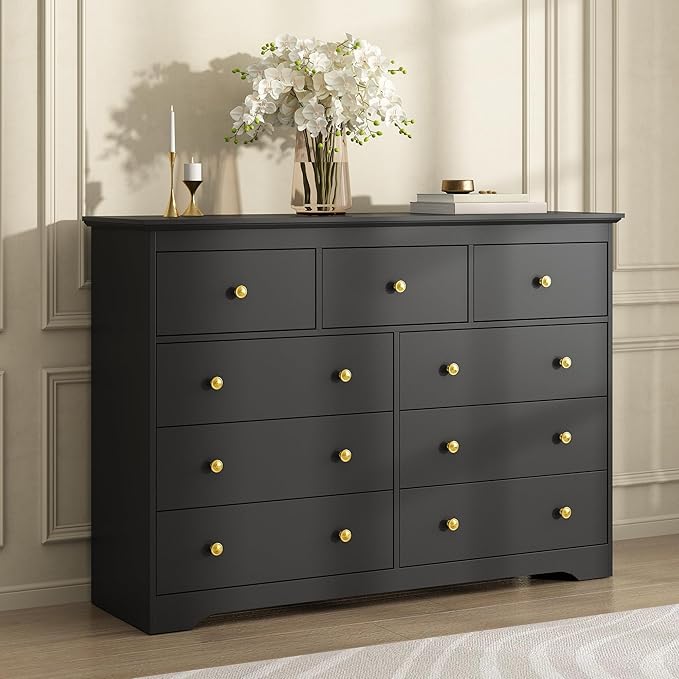 Black Dresser for Bedroom, 9 Drawer Dresser with Large Drawers, 55 Inch Wide Wood Chest for Living Room, Hallway