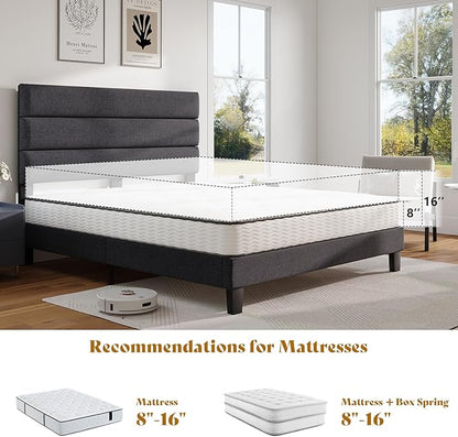AMERLIFE Full Size Bed Frame with Linen Upholstered Headboard, Modern Platform Bed with Wooden Slats Support, Noise-Free, No Box Spring Needed, Easy Assembly, Grey