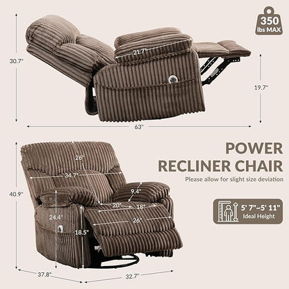Power Swivel Rocker Recliner Chair with Massage and Heat for Adults, Electric Infinite Position Recliner with USB Charging Port, Corduroy and PU Leather Mixed Fabric, Easy Assembly (Brown)