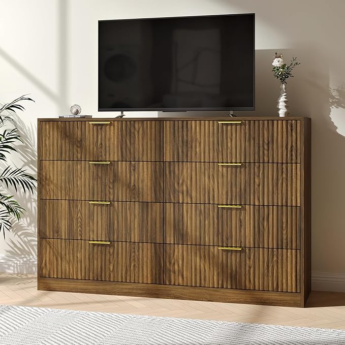 Fluted 8 Drawer Double Dresser Wood,55” Wide Bedroom Dresser Mid Century Chest of Drawers Wooden with Gold Handle,Dressers TV Stand for Bedroom,Living Room,Walnut