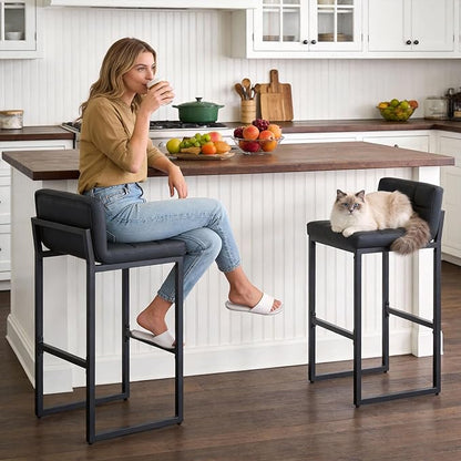 Bar Height Bar Stools Set of 2, Modern Tall Counter Stool, Faux Leather Barstools with Back, Comfortable 30-inch Seat Height Island Chairs for Kitchen Island (Black, 2Pcs 30" Bar Stools)