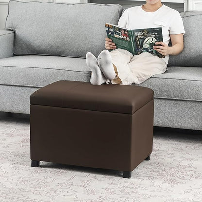 Asense 24'' Small Square Ottoman with Lift Off Lid, Storage Cube Leather Ottoman for Foot Rest, Footstool for Dorm, Living Room, Bedroom,Espresso Brown