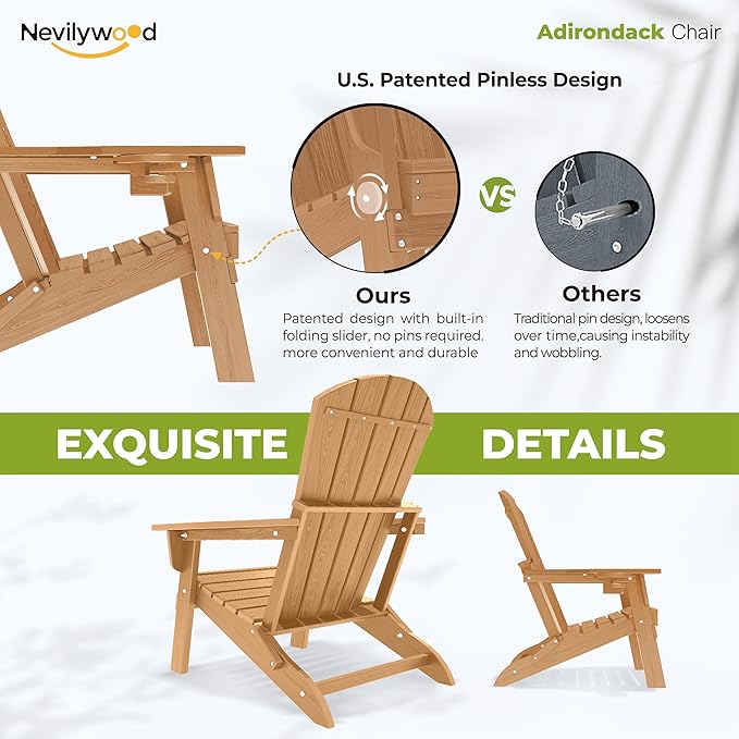 nevilywood Folding Adirondack Chair - Extended Ergonomic Backrest, Cup Holder - Easy Assembly - Durable HDPE Plastic, Weather Resistant & Maintenance-Free - Lawn, Patio, Deck Supports 380lbs Teak