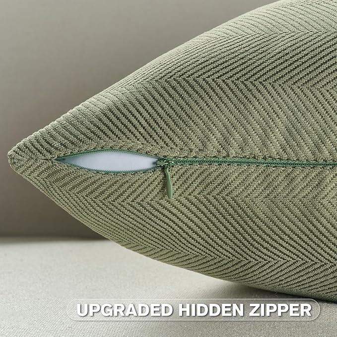 FUTEI Sage Green Chenille Throw Pillow Covers 12x20 Inch Set of 2,Soft Wide Chevron Textured Lumbar Pillow Cases,Farmhouse Home Decor for Couch Bed Living Room