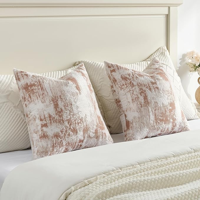 FUTEI Rust White Decorative Throw Pillow Covers 24x24 Inch Set of 2,Soft Faux Cashmere Jacquard - Textured & Cozy Euro Pillow Shams,Modern Home Decor for Couch Bed Living Room