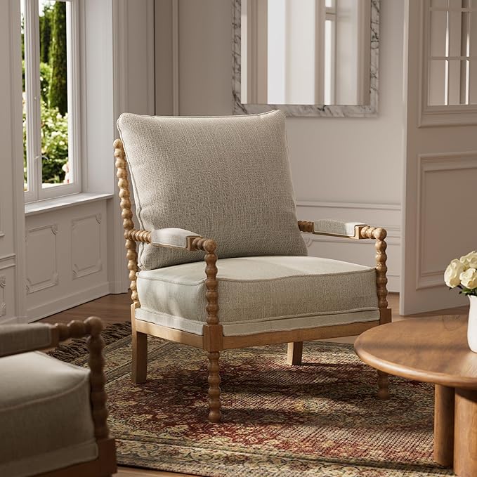 Morden Fort Linen Fabric Spindle Accent Chair with Wood Frame, French Style Accent Chairs with Padded Spring Seat and Armrest Pads, Brushed Base for Living Room Bedroom Farmhouse Office Balcony(Beige)