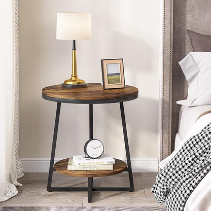 Tribesigns End Table, 2 Tier Round Side Table with Storage Shelf, Industrial Nightstand Bedside Table Coffee Accent Table for Living Room Bedroom Small Space, Rustic Brown