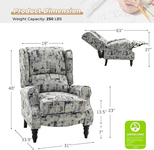 HULALA HOME Upholstered Wingback Recliner Chair Set of 2, Small Adjustable Footrest Push Back Single Reclining Sofa, Mid Century Modern Lounge Armchair for Living Room, Bedroom, Reading/Grey