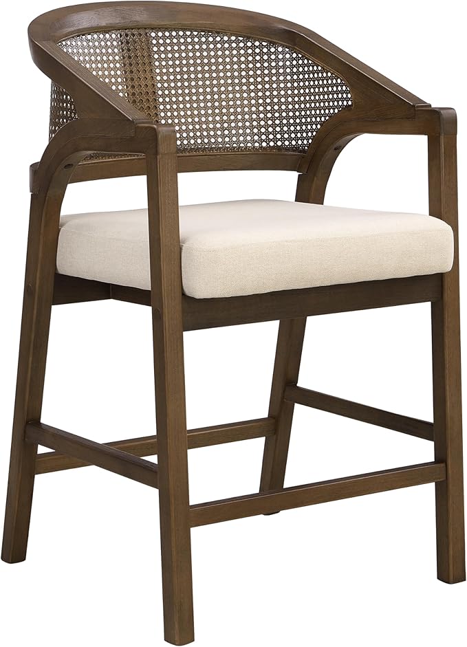Christopher Knight Home Set of 2 Morley Tropical Wooden Counter Stool,Dining Room/Kitchen Island Barstool with footrest, Curved Backrest,Wicker/Cane Accents,Soft Removable Cushions, Beige+Walnut