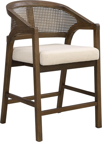 Christopher Knight Home Set of 2 Morley Tropical Wooden Counter Stool,Dining Room/Kitchen Island Barstool with footrest, Curved Backrest,Wicker/Cane Accents,Soft Removable Cushions, Beige+Walnut