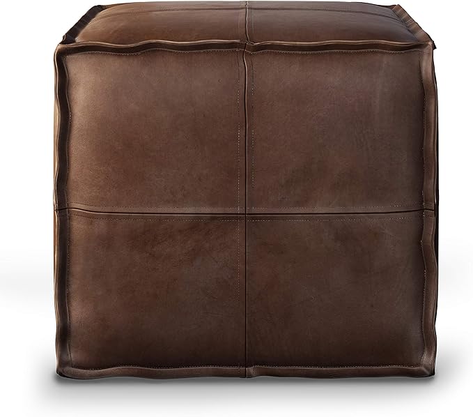 SIMPLIHOME Brody 18-inch Wide Square Pouf in Distressed Dark Brown Vegan Faux Leather, Boho-Style Ottoman, Footstool or Extra Seating for Living Room, Assembled