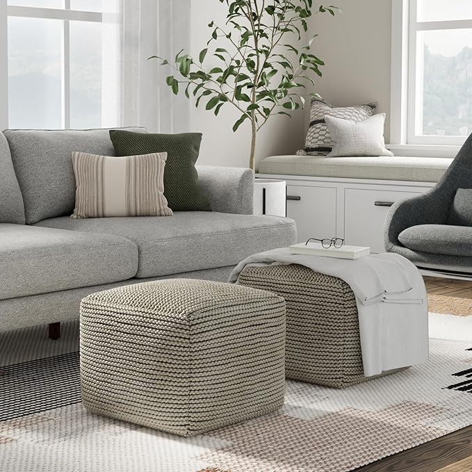 SIMPLIHOME Eastmont Boho Square Pouf in Cream Polystyrene Filling for the Living Room, Bedroom and Kids Room
